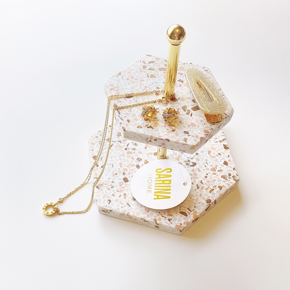 GENUINE MARBLE STONE HEXAGON 2 TIER JEWELY STAND GOLD HARDWARE VINTAGE REVIVAL